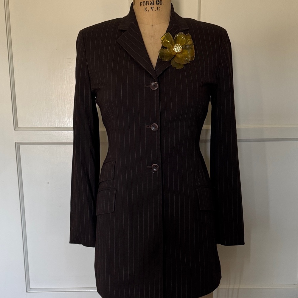 AANNE KLEIN Vintage  drk brwn  Pinstripe Women's Blazer, riding coat styling